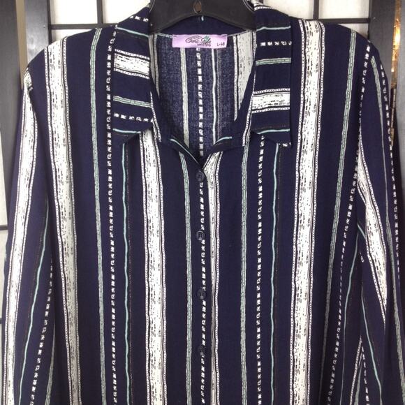 GENC Style Maxi Dress  Blue Stripe Button Down Long Sleeve Large - Picture 2 of 8